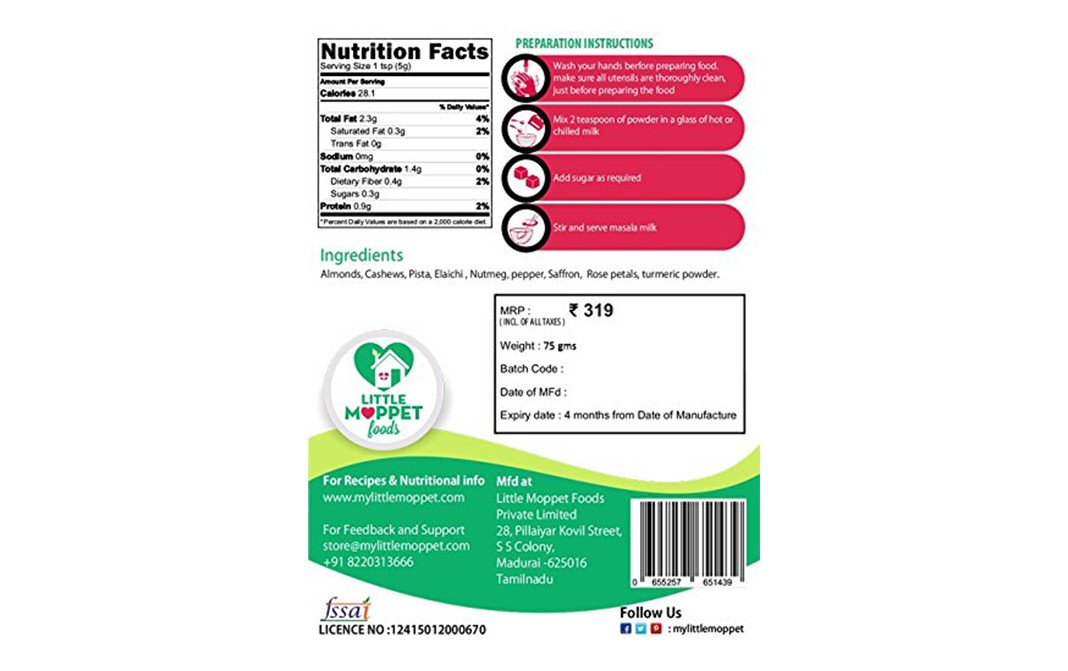 Little Moppet Foods Masala Milk Magic    Pack  75 grams